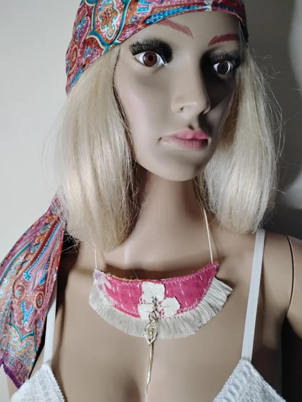 Kantha Necklace Fringe Pink Fine Chain Charm Handmade New Boho Hippie New KN6.